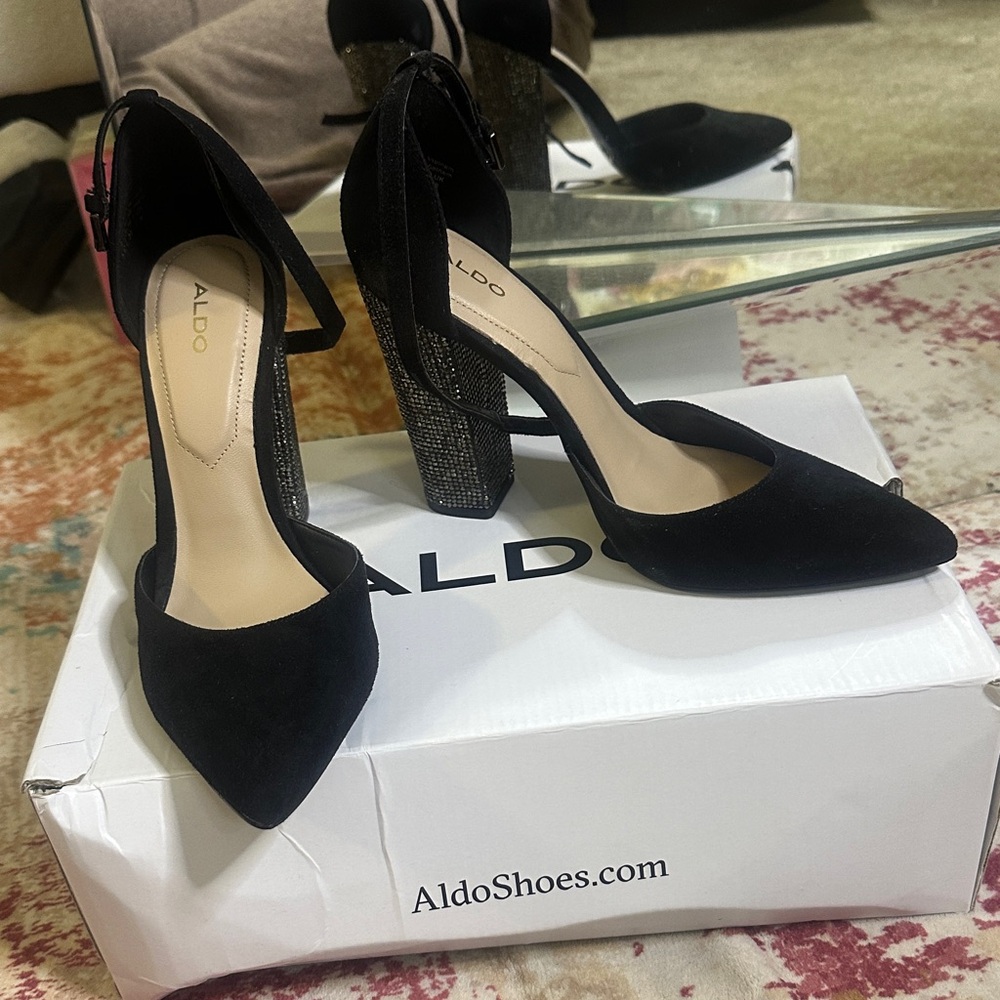 Aldo Black Glitter Block Heels